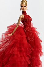 HAUTE | Red Crystal Couture Gown with Removable Ruffle Train for 1/6 Scale Fashion Dolls – Handmade Evening Dress | Plastiktiara