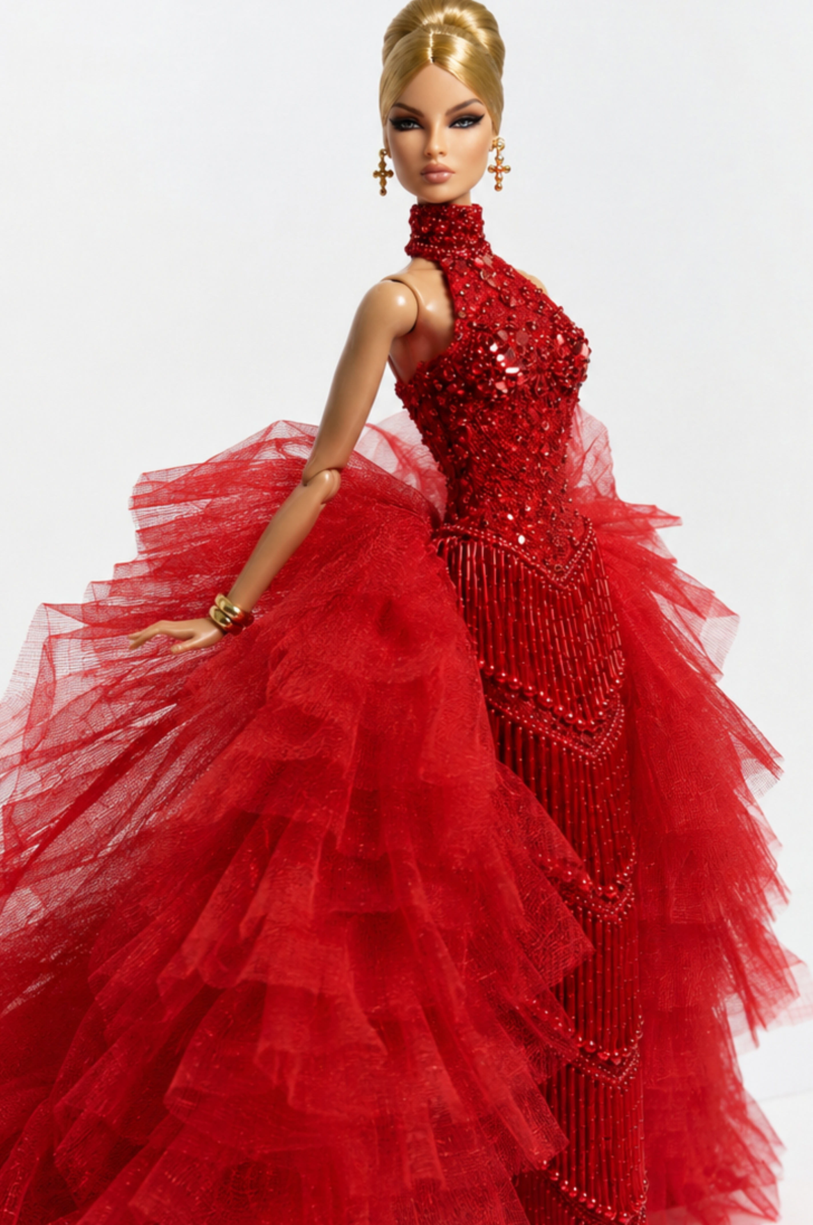 HAUTE | Red Crystal Couture Gown with Removable Ruffle Train for 1/6 Scale Fashion Dolls – Handmade Evening Dress | Plastiktiara