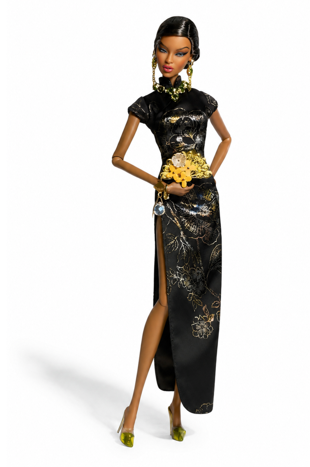 QIPAO | Black Shanghai Moon - Handmade 1/6 Scale Couture Qipao with Faux Fur Cape - Luxury Fashion Doll Outfit - Fits Fashion Royalty Size Dolls