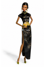 QIPAO | Black Shanghai Moon - Handmade 1/6 Scale Couture Qipao with Faux Fur Cape - Luxury Fashion Doll Outfit - Fits Fashion Royalty Size Dolls
