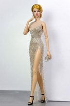 HAUTE | Golden Illusion Beaded Gown for Fashion Royalty 6.0 Doll | Sheer Evening Dress with High Slit | Handmade Couture Doll Clothes by Plastiktiara