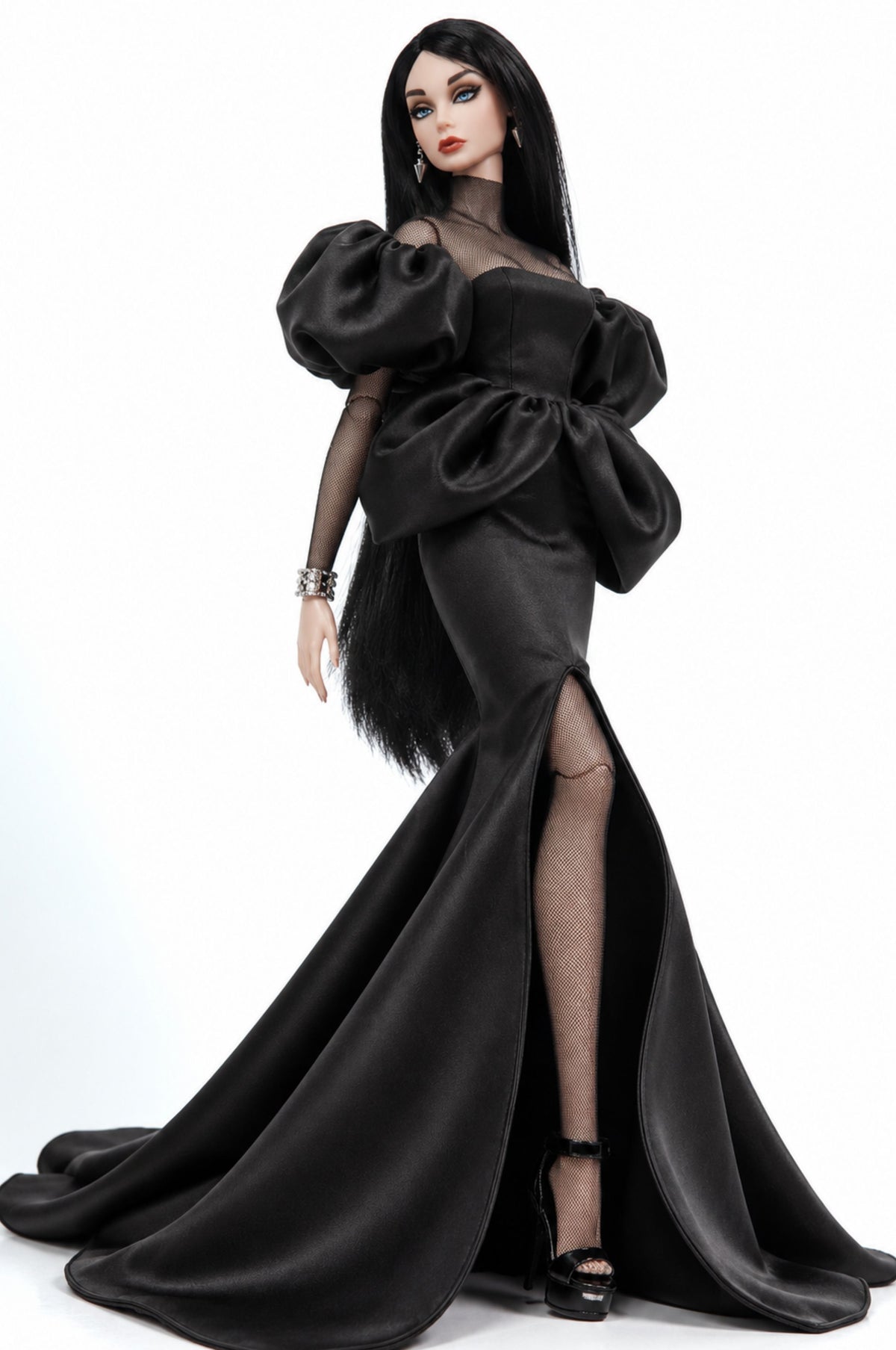 HAUTE | Black Silk Mermaid Gown & Sheer Net Bodysuit for 1/6 Scale Fashion Doll | Plastiktiara