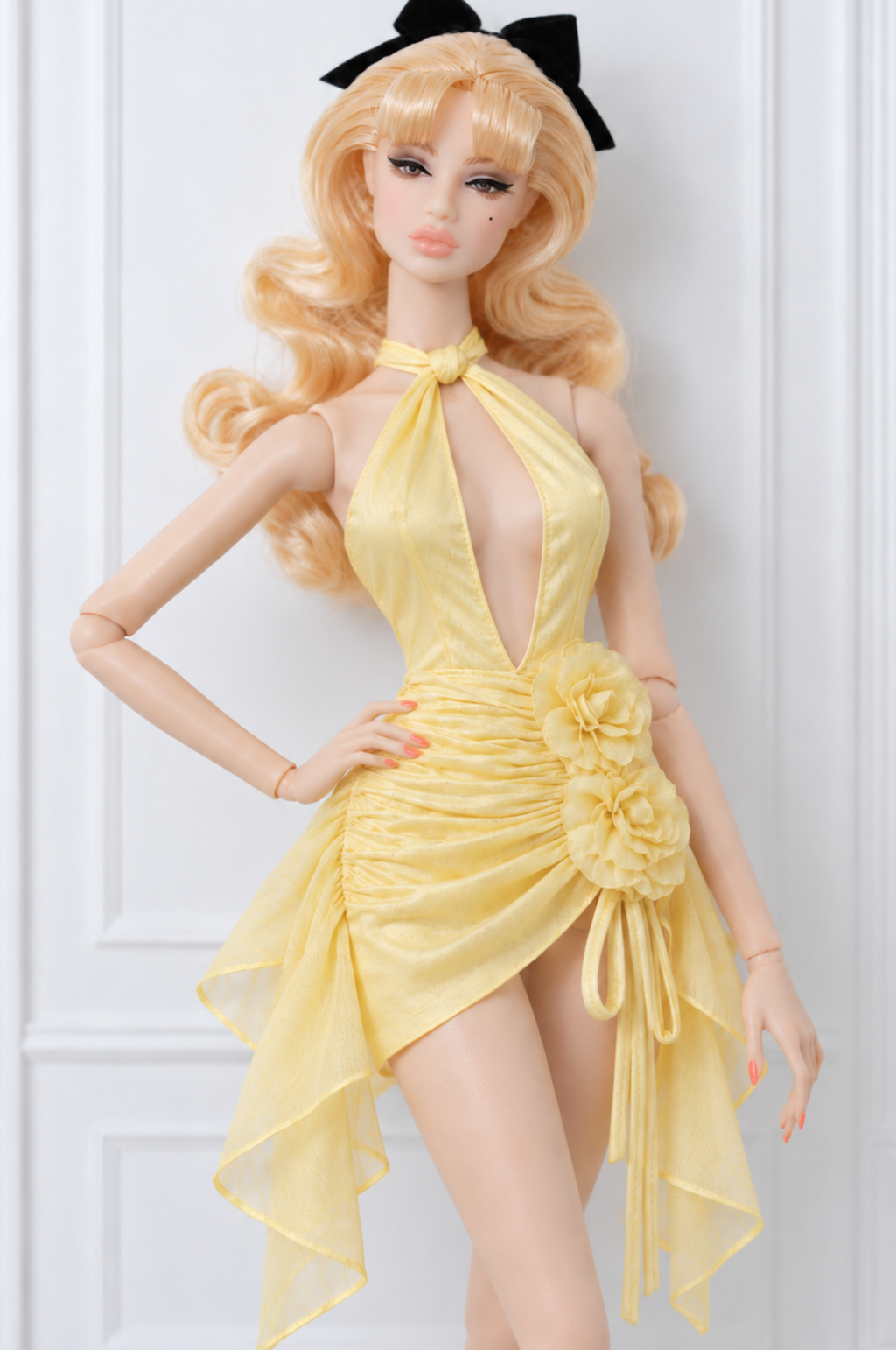 BLOOSOM RADIANT | Ivory Floral Cascade Satin Mini Dress for Fashion Royalty doll clothes | PLASTIKTIARA