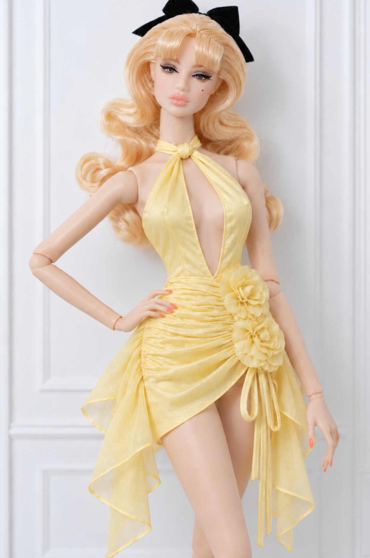 BLOOSOM RADIANT | Ivory Floral Cascade Satin Mini Dress for Fashion Royalty doll clothes | PLASTIKTIARA