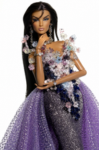 OOAK  | OOAK Fashion Doll Evening Gown - Handmade Couture Purple Glitter Mermaid Dress with Crystal Floral Overlay for Fashion Royalty Doll | Plastiktiara