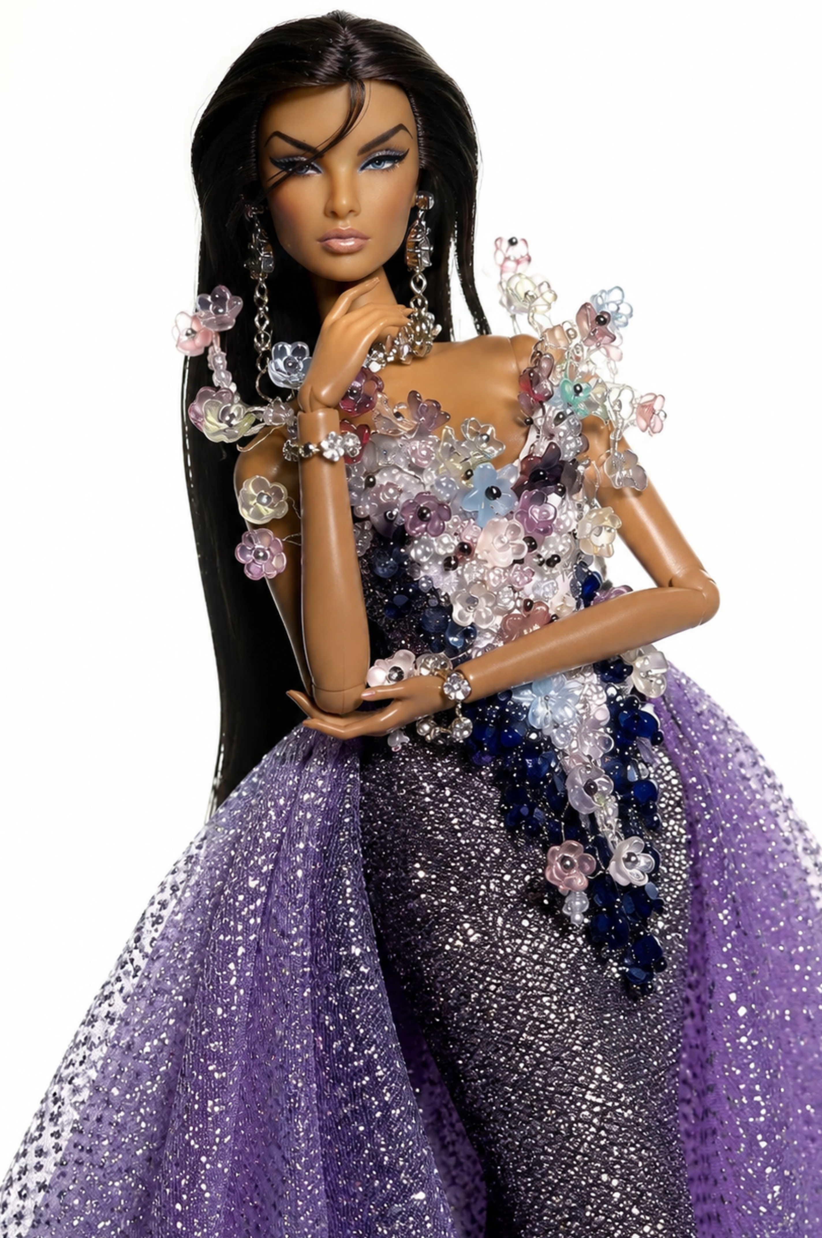 OOAK  | OOAK Fashion Doll Evening Gown - Handmade Couture Purple Glitter Mermaid Dress with Crystal Floral Overlay for Fashion Royalty Doll | Plastiktiara