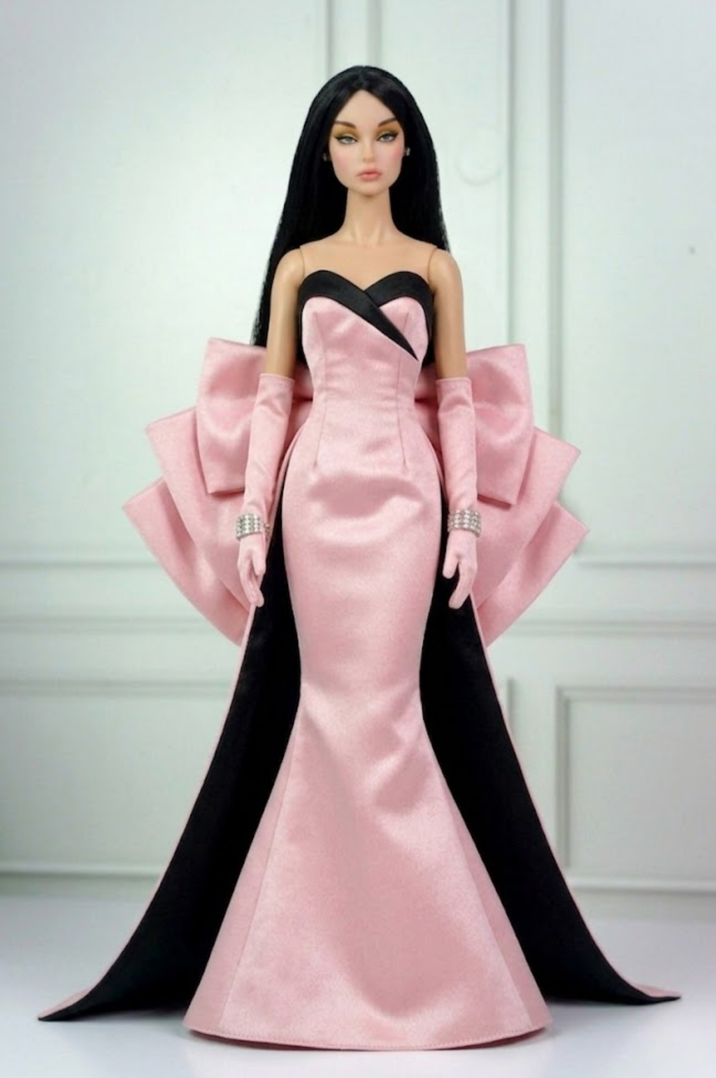HAUTE |. Fashion Royalty Doll Pink Satin Mermaid Gown with Oversized Bow Train | 12 Inch Doll Couture Dress