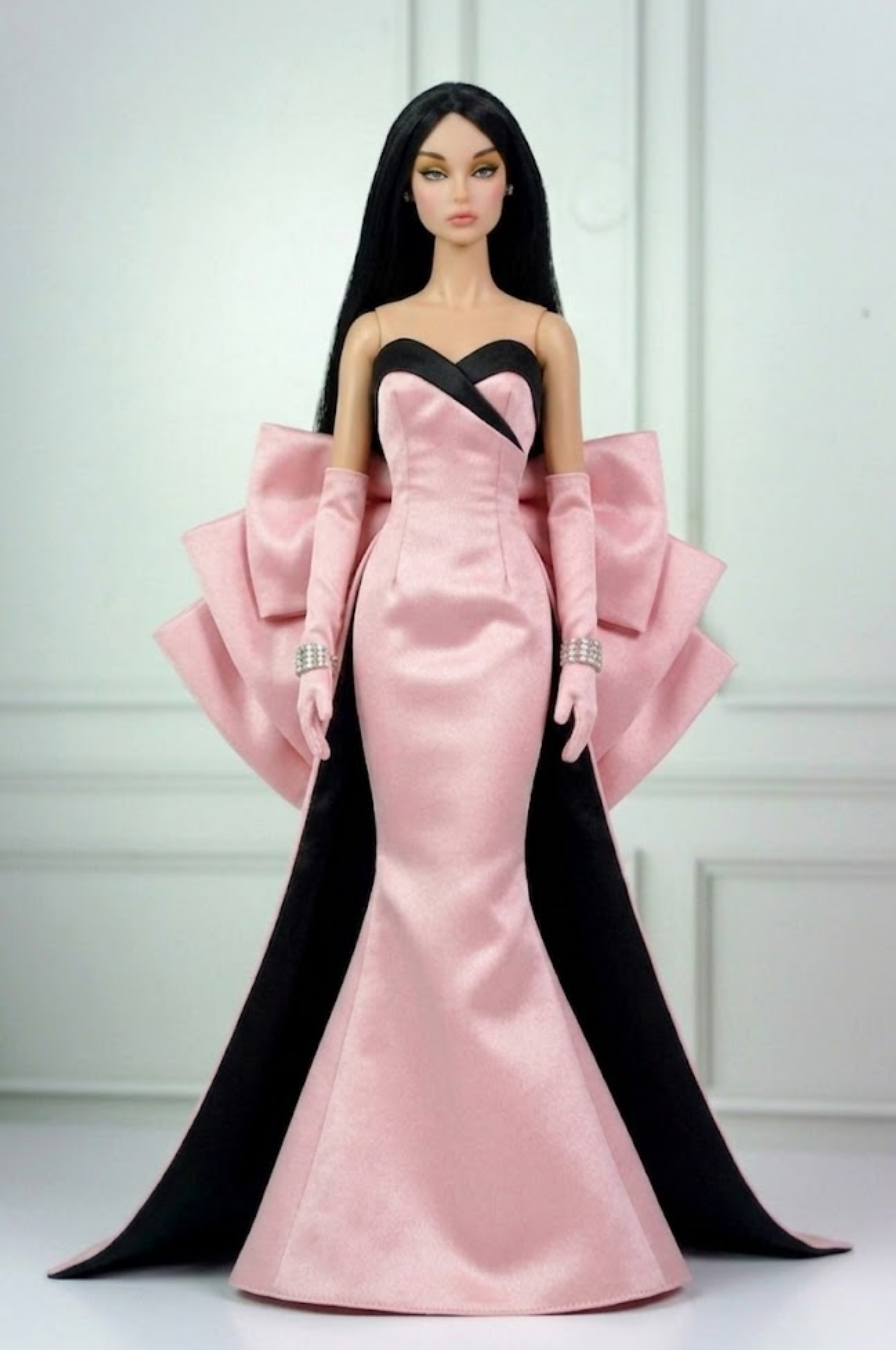 HAUTE |. Fashion Royalty Doll Pink Satin Mermaid Gown with Oversized Bow Train | 12 Inch Doll Couture Dress