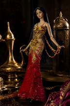 HAUTE | OOAK Red Gold Couture Mermaid Gown for Fashion Royalty Doll Clothes 1/6 Scale Handmade Evening Dress | Plastiktiara