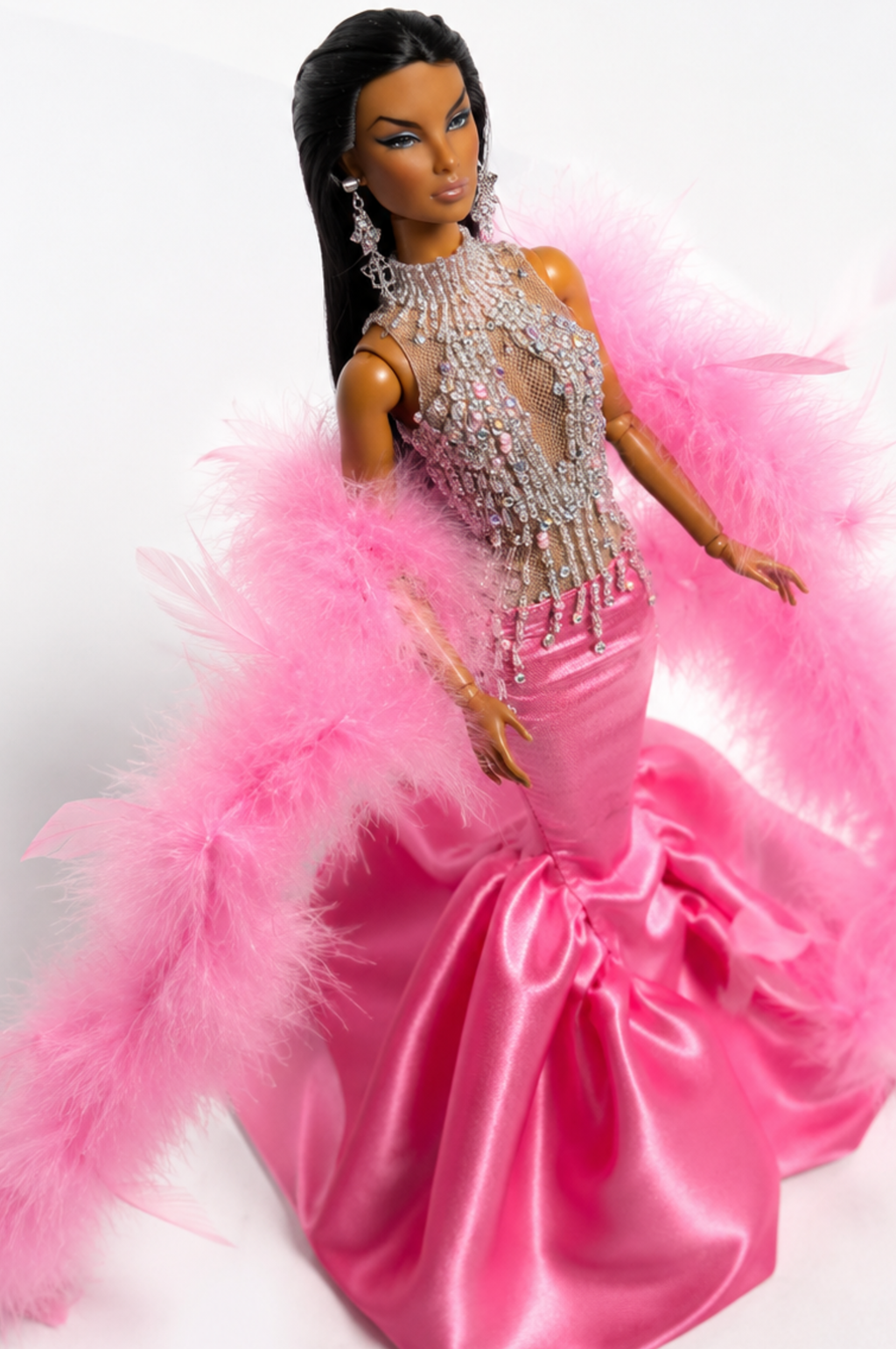 HAUTE | Pink Crystal Feather Mermaid Gown | 1/6 Scale Fashion Doll Outfit | Handmade Couture Evening Dress | Fashion Royalty Size | Plastiktiara
