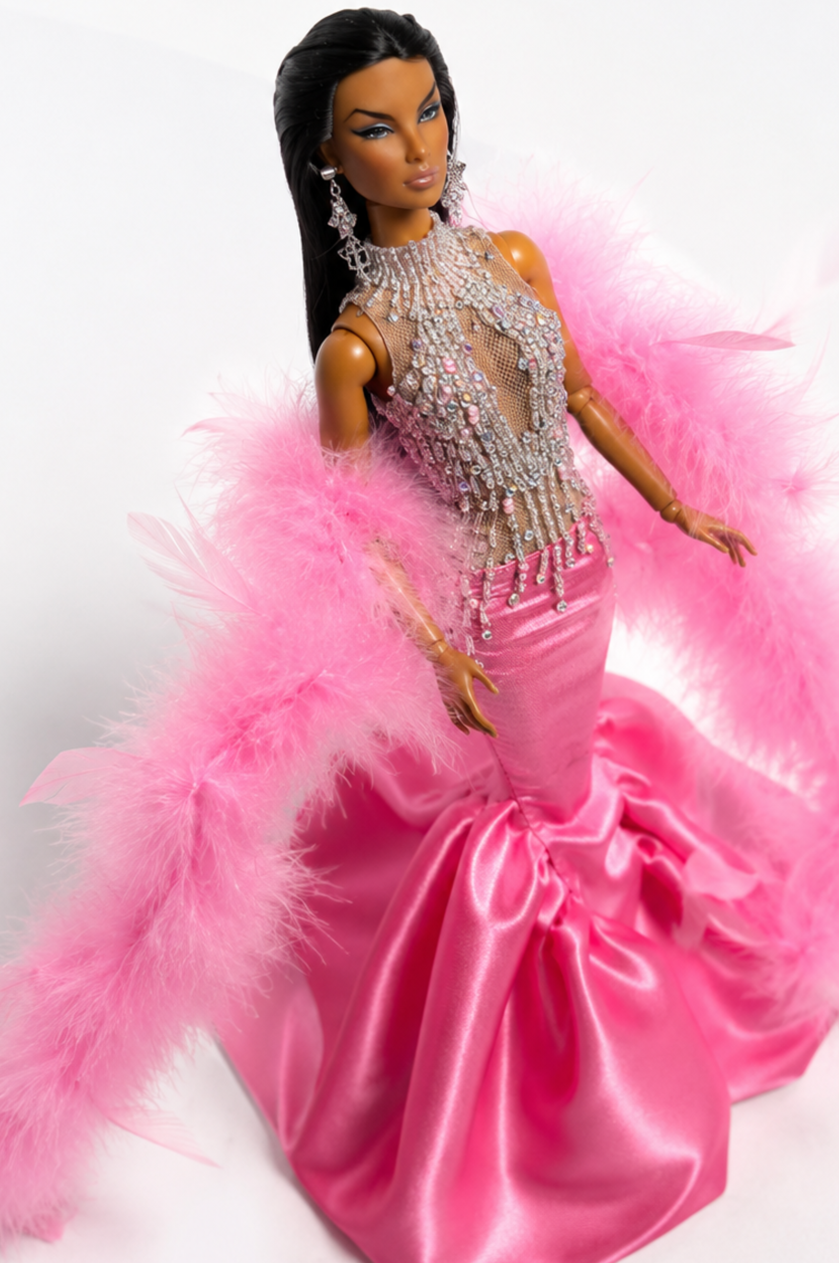HAUTE | Pink Crystal Feather Mermaid Gown | 1/6 Scale Fashion Doll Outfit | Handmade Couture Evening Dress | Fashion Royalty Size | Plastiktiara