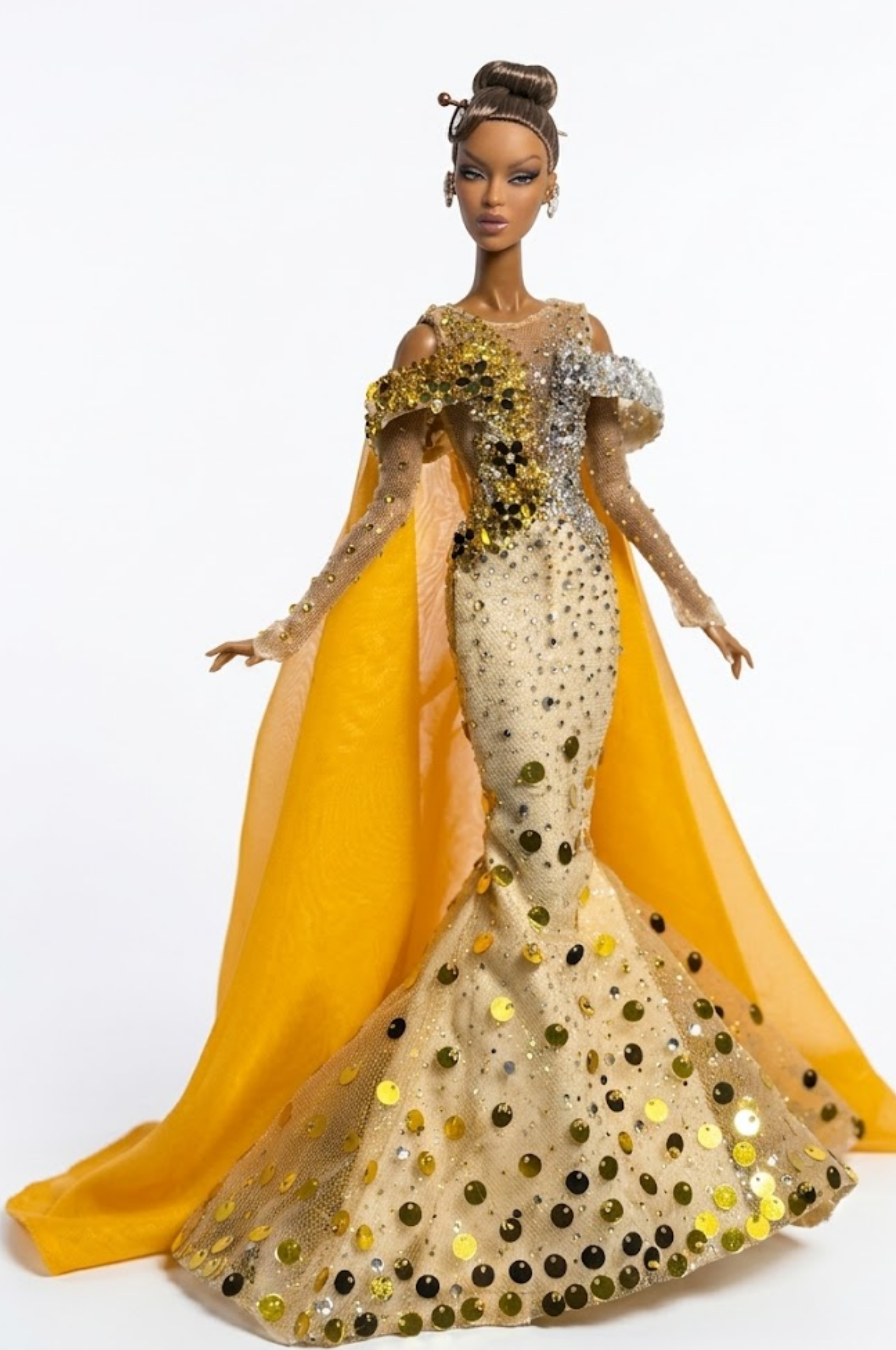 HAUTE | Golden Aura Couture Gown -  Luxury 1/6 Scale Doll Outfit – Handmade Designer Piece