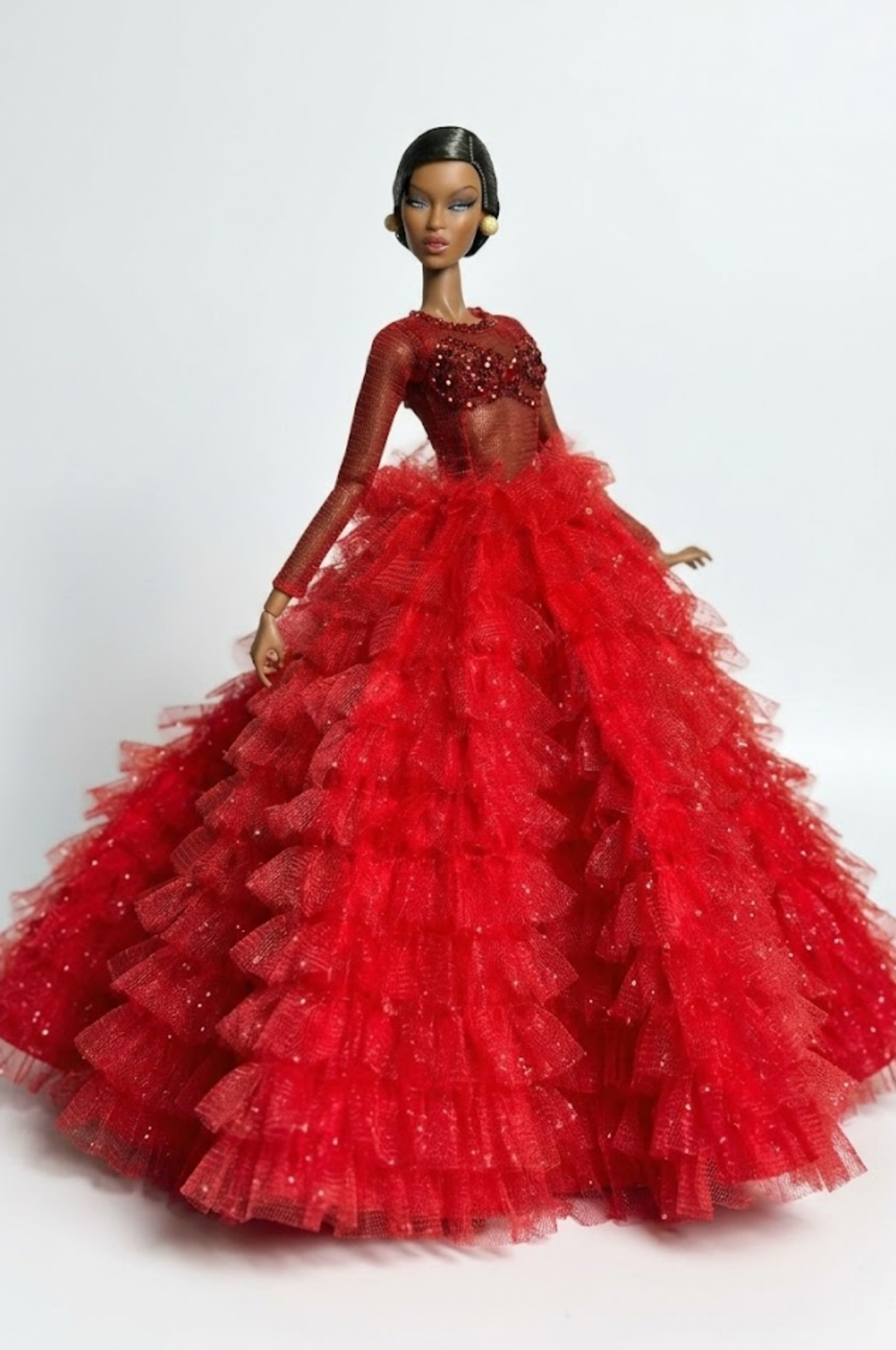 HAUTE | Red Couture Ruffle Ball Gown for Fashion Royalty Doll – Glitter Tulle Evening Dress for 1/6 Scale doll & Integrity Toys Dolls