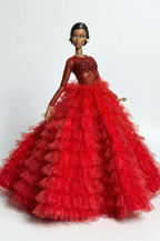 HAUTE | Red Couture Ruffle Ball Gown for Fashion Royalty Doll – Glitter Tulle Evening Dress for 1/6 Scale doll & Integrity Toys Dolls