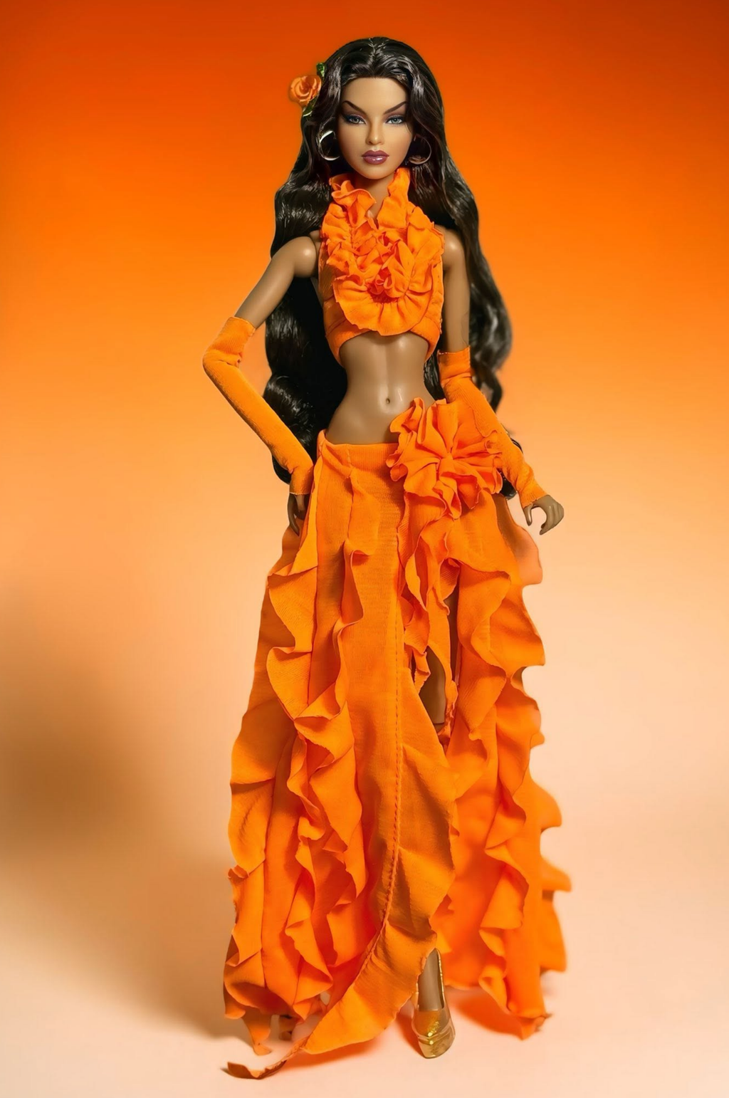 PRIDE | PR Orange Ruffle Beach Goddess Set for Fashion Royalty Dolls - Tropical Sunset Outfit - Handmade Doll Clothes for FR6.0 Nu Face Poppy Parker