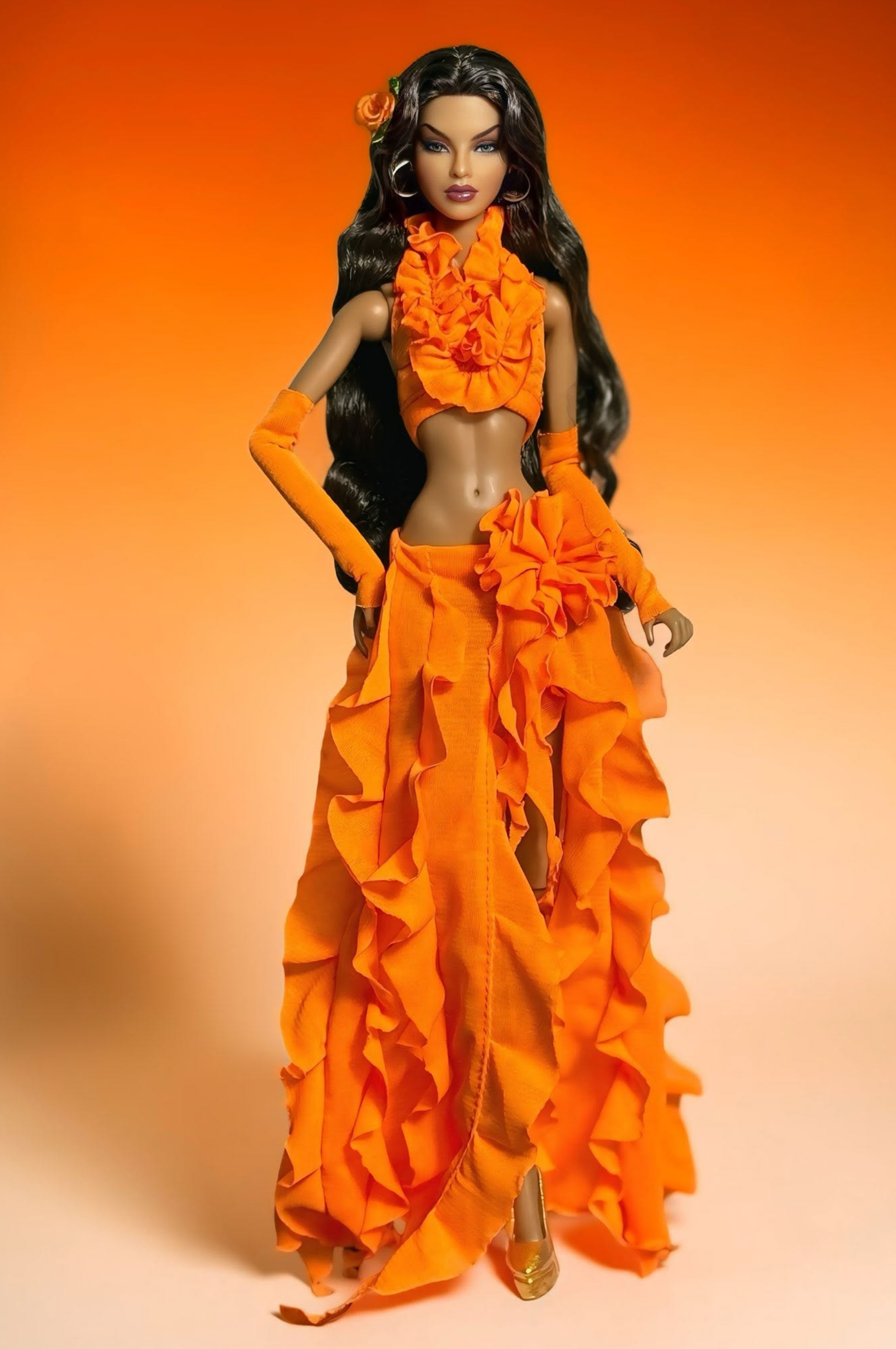 PRIDE | PR Orange Ruffle Beach Goddess Set for Fashion Royalty Dolls - Tropical Sunset Outfit - Handmade Doll Clothes for FR6.0 Nu Face Poppy Parker