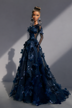 HAUTE  Midnight Blue Floral Ball Gown for Fashion Royalty Dolls | Handmade 1/6 Scale Doll Clothes | Couture Evening Dress