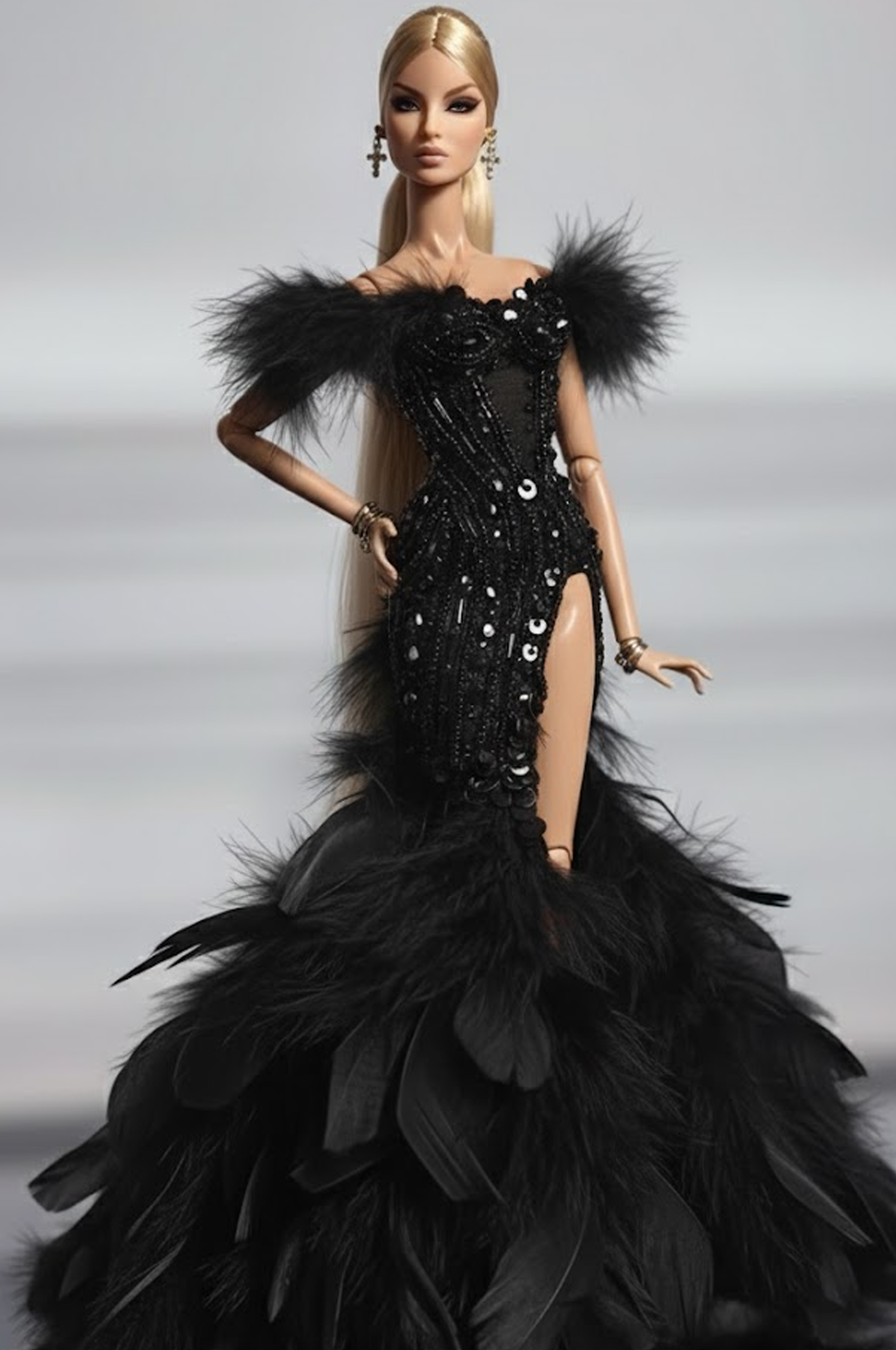 HAUTE | Midnight Plume – Couture Black Feather Gown for 1/6 Scale High Fashion Doll Clothes