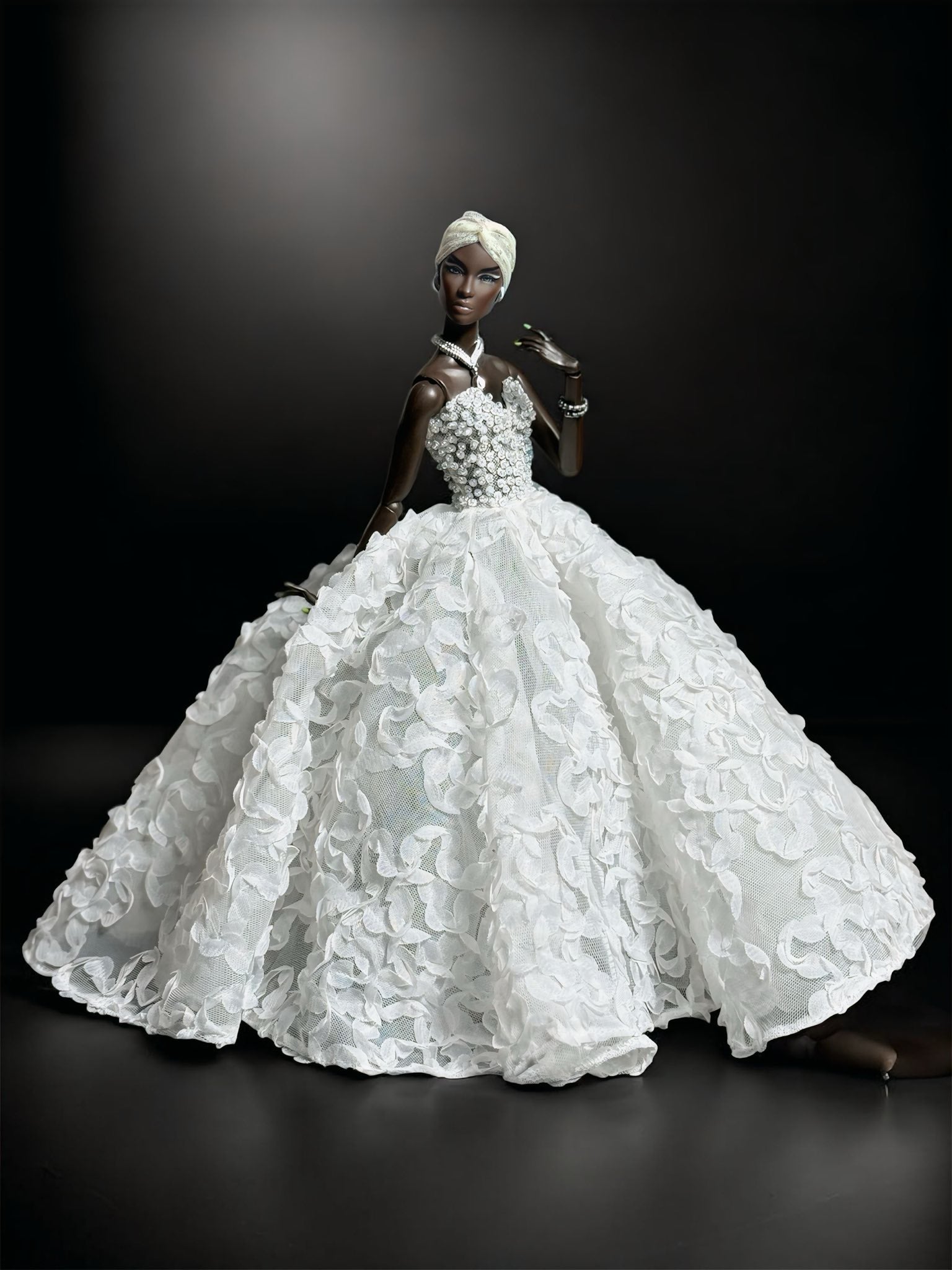 HAUTE | SYMBOLIC WHITE - Beading bodice with ruffle bottom evening gown for Fashion Royalty doll clothes FR 6.0