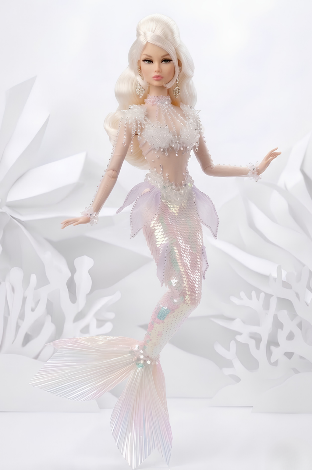 FAIRYTALES | Iridescent Pearl Mermaid Gown for Fashion Royalty Doll 12” – Fantasy Couture Doll Clothes with Beaded Details & Detachable Crown