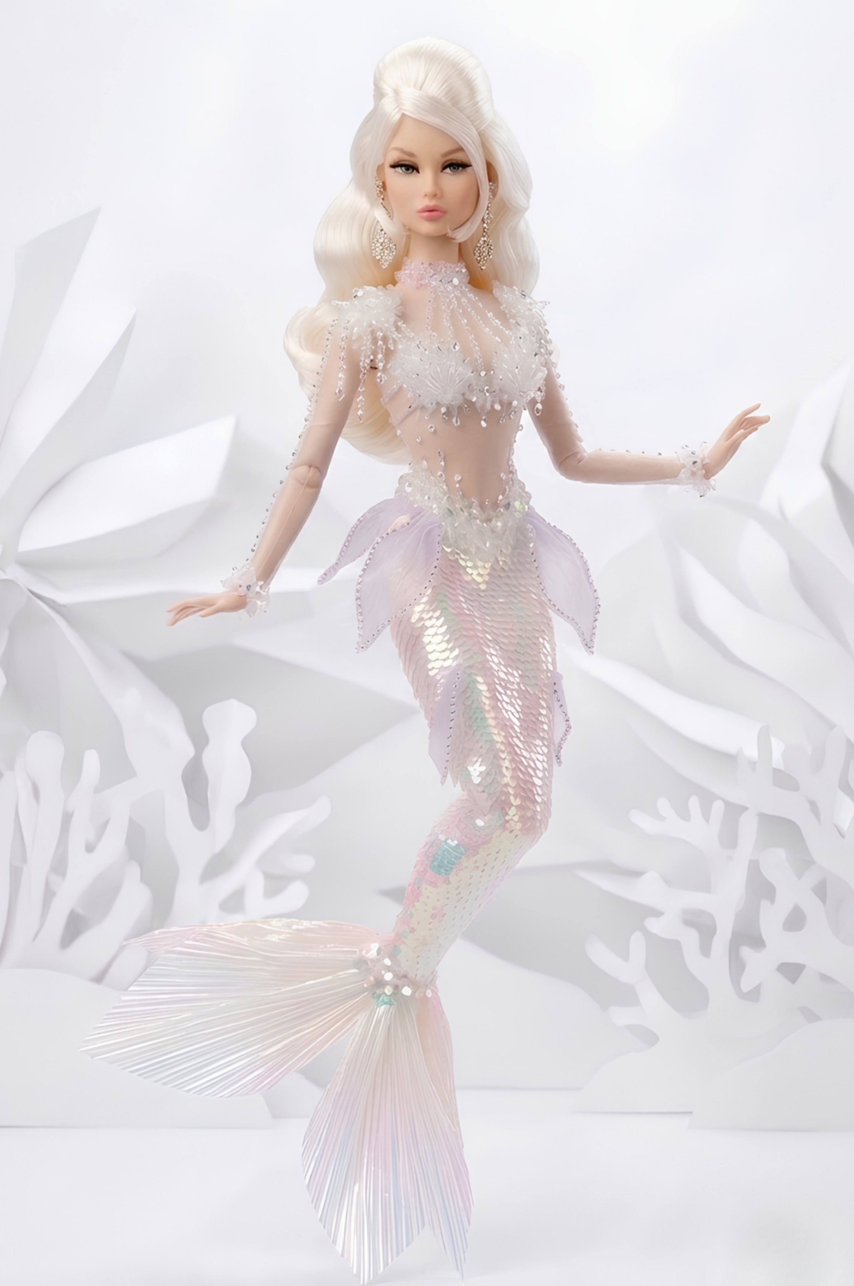 FAIRYTALES | Iridescent Pearl Mermaid Gown for Fashion Royalty Doll 12” – Fantasy Couture Doll Clothes with Beaded Details & Detachable Crown