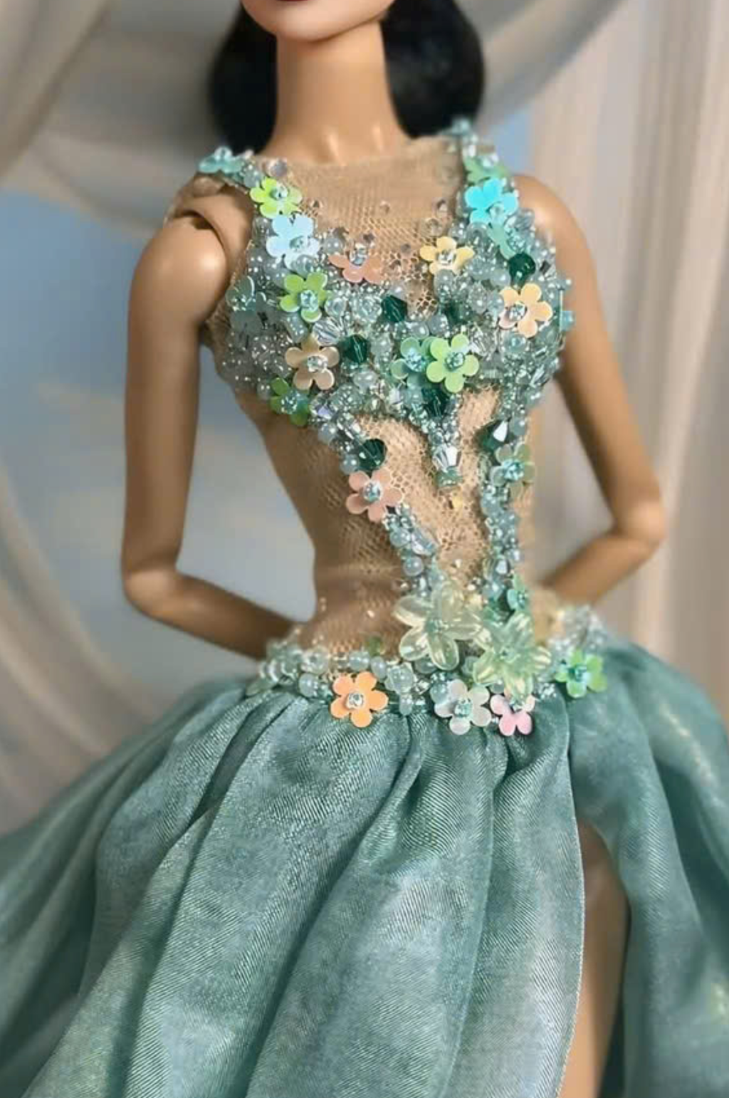 EDEN CHOICE | Seafoam Garden Floral Illusion Gown for 1/6 Scale Fashion Doll | Plastiktiara