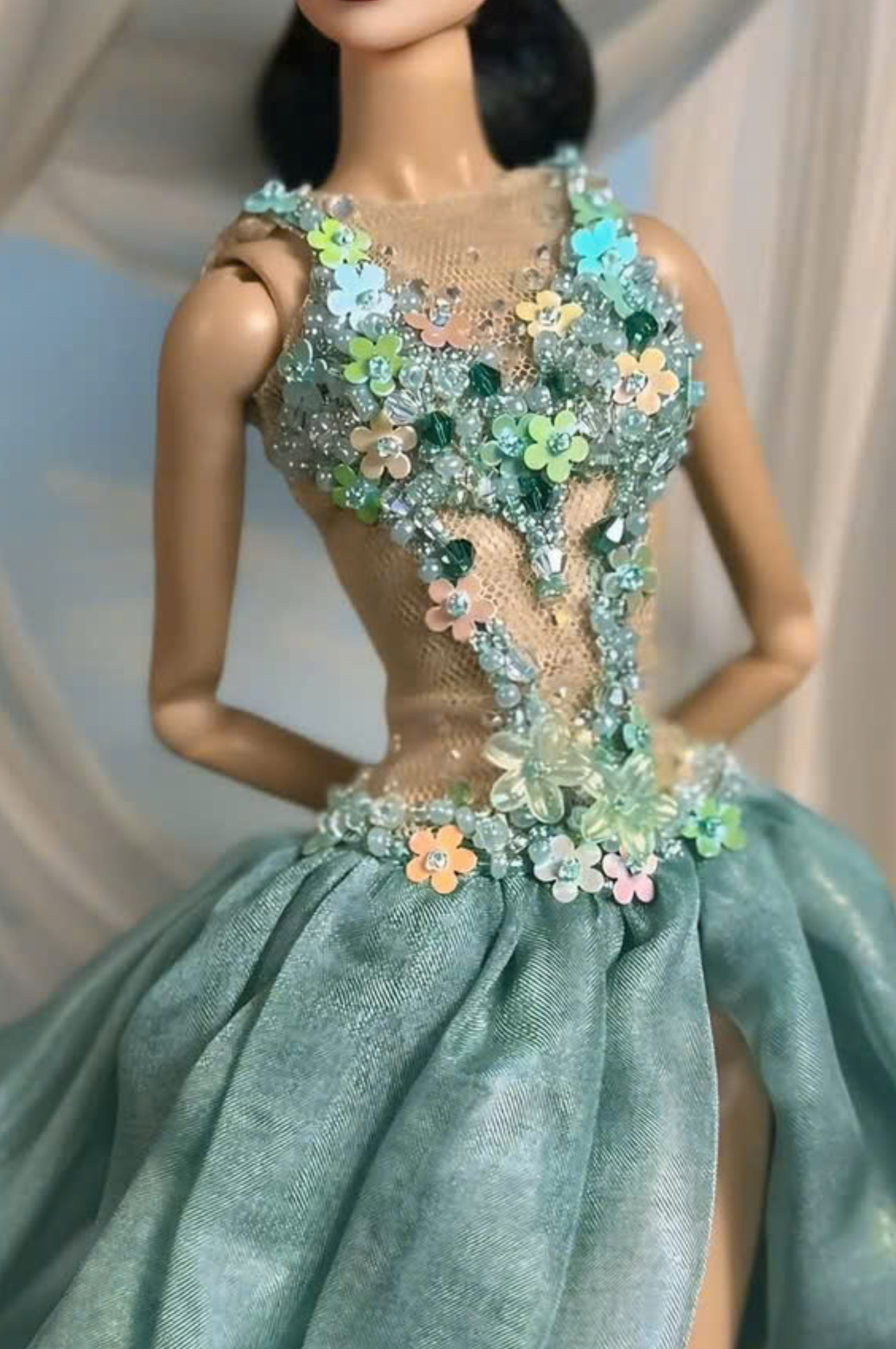 EDEN CHOICE | Seafoam Garden Floral Illusion Gown for 1/6 Scale Fashion Doll | Plastiktiara