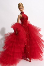 HAUTE | Red Crystal Couture Gown with Removable Ruffle Train for 1/6 Scale Fashion Dolls – Handmade Evening Dress | Plastiktiara