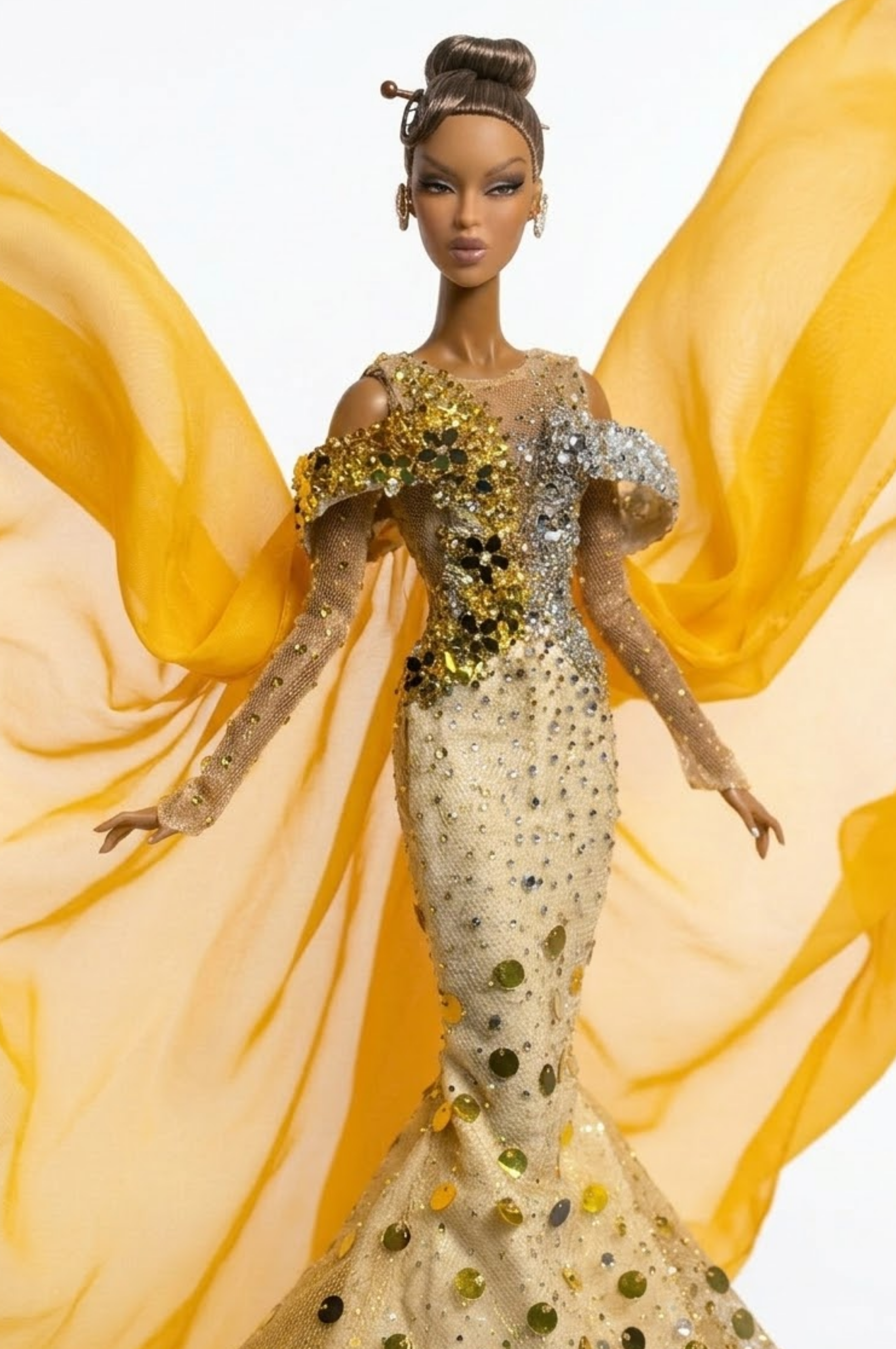 HAUTE | Golden Aura Couture Gown -  Luxury 1/6 Scale Doll Outfit – Handmade Designer Piece