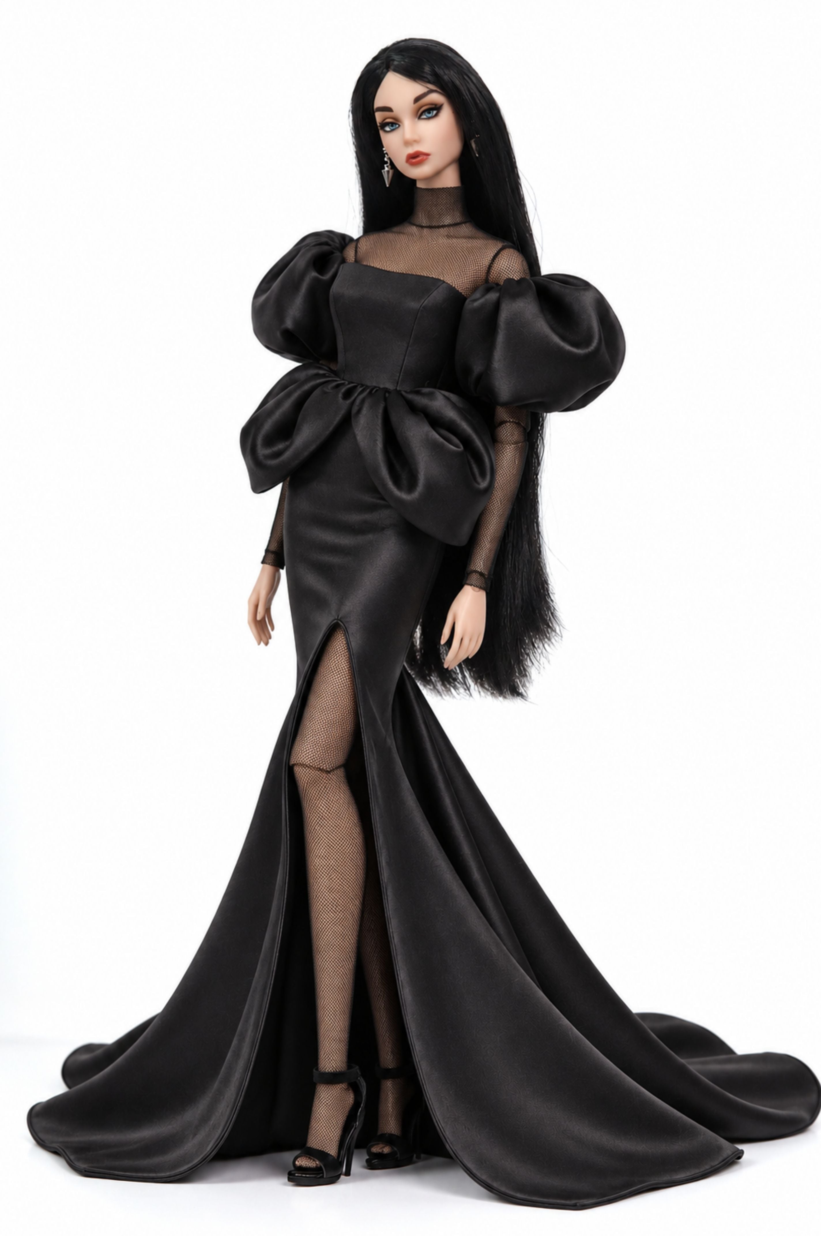 HAUTE | Black Silk Mermaid Gown & Sheer Net Bodysuit for 1/6 Scale Fashion Doll | Plastiktiara