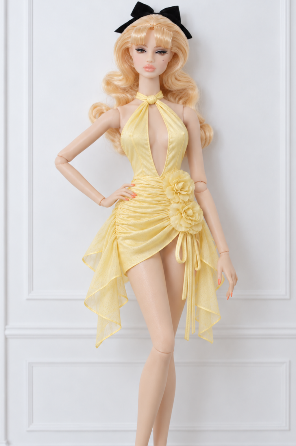 BLOOSOM RADIANT | Ivory Floral Cascade Satin Mini Dress for Fashion Royalty doll clothes | PLASTIKTIARA