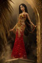 HAUTE | OOAK Red Gold Couture Mermaid Gown for Fashion Royalty Doll Clothes 1/6 Scale Handmade Evening Dress | Plastiktiara