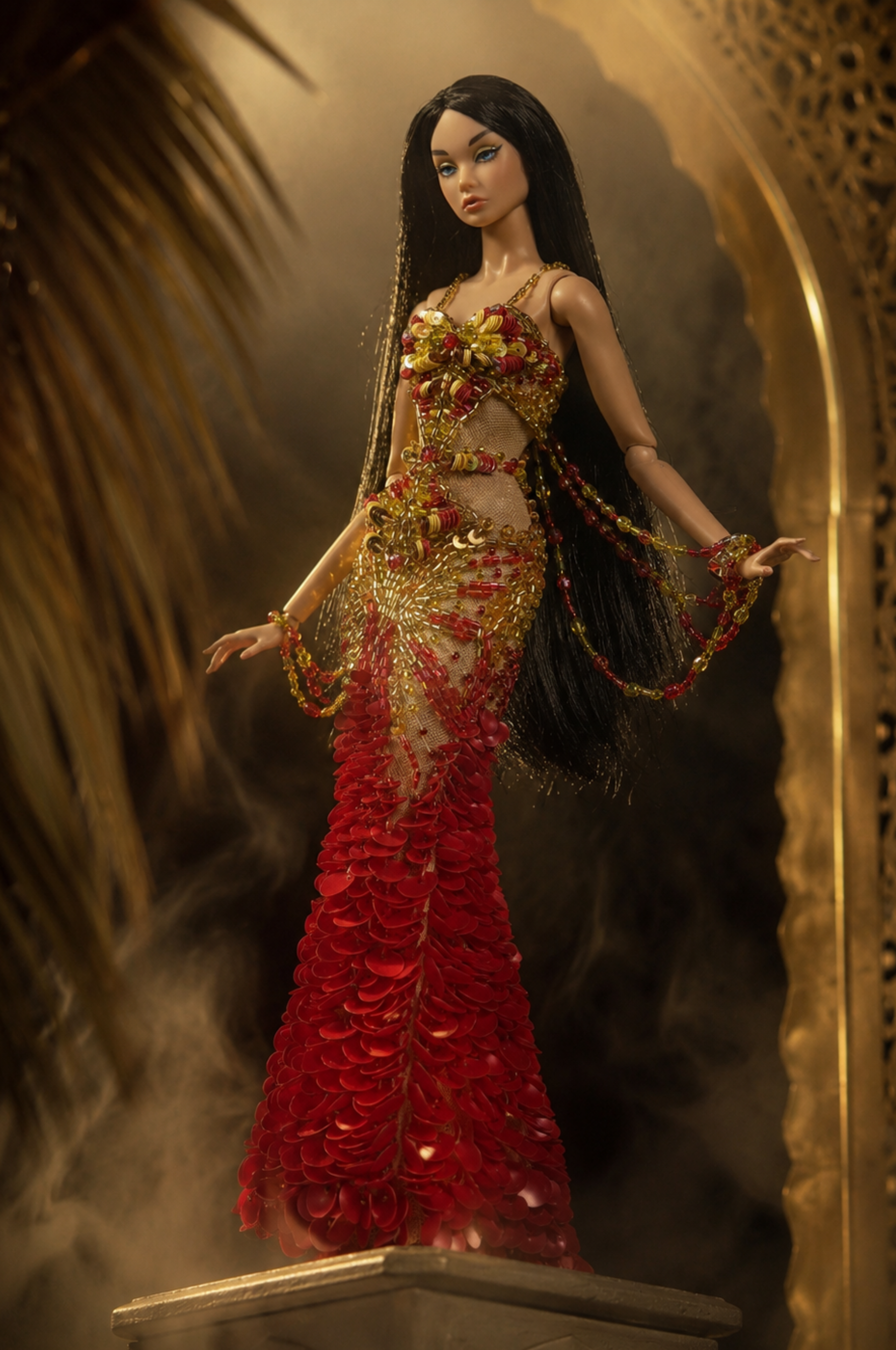 HAUTE | OOAK Red Gold Couture Mermaid Gown for Fashion Royalty Doll Clothes 1/6 Scale Handmade Evening Dress | Plastiktiara