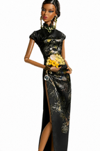 QIPAO | Black Shanghai Moon - Handmade 1/6 Scale Couture Qipao with Faux Fur Cape - Luxury Fashion Doll Outfit - Fits Fashion Royalty Size Dolls
