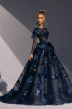 HAUTE  Midnight Blue Floral Ball Gown for Fashion Royalty Dolls | Handmade 1/6 Scale Doll Clothes | Couture Evening Dress
