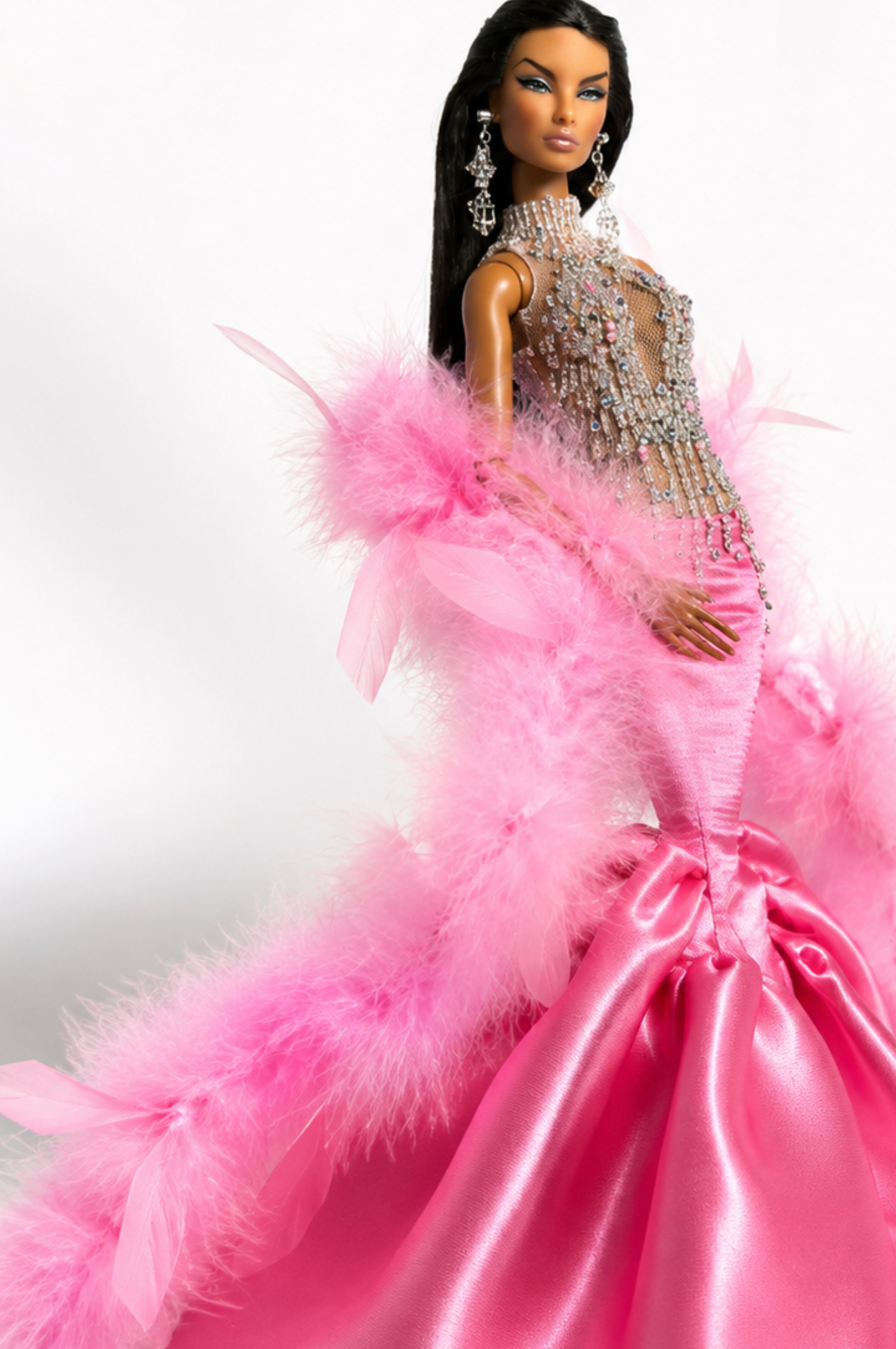 HAUTE | Pink Crystal Feather Mermaid Gown | 1/6 Scale Fashion Doll Outfit | Handmade Couture Evening Dress | Fashion Royalty Size | Plastiktiara
