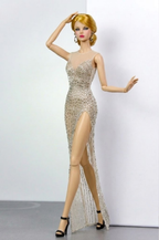 HAUTE | Golden Illusion Beaded Gown for Fashion Royalty 6.0 Doll | Sheer Evening Dress with High Slit | Handmade Couture Doll Clothes by Plastiktiara