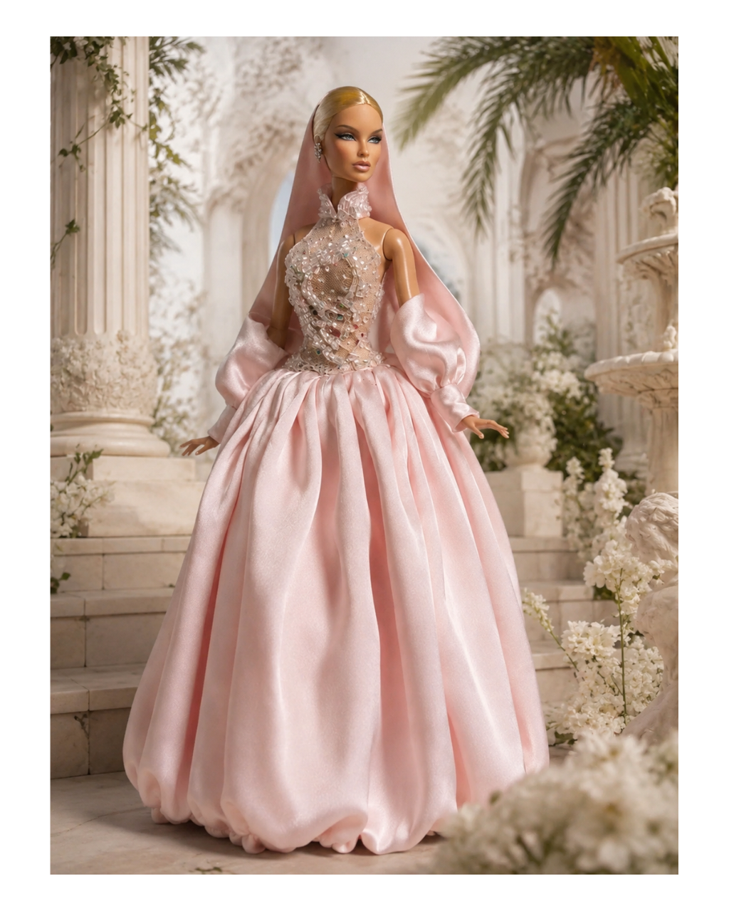 DELUXE | Pink Beaded Couture Ball Gown with Hood | Handmade Fashion Royalty Doll Clothes | 1/6 Scale Couture Dress | Plastiktiara