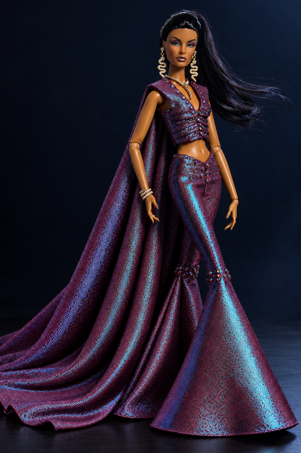MIDNIGHT TALES | MIDNIGHT MIRAGE — Iridescent Plum Cape Top & Flared Trousers | 1:6 Fashion Doll Outfit | Plastiktiara