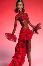 PRIDE | Crimson Siren Sheer Lace Gown for Fashion Royalty Doll – Red Ruffle Evening Dress – 1/6 Scale Doll Clothes – Fits FR6.0 Nu Face Poppy Parker
