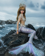 HAUTE | 1/6 Scale Mermaid Couture Gown - Handmade Beaded Fantasy Dress with Crown - Luxury Fashion Doll Outfit - Fits Fashion Royalty & Similar Dolls