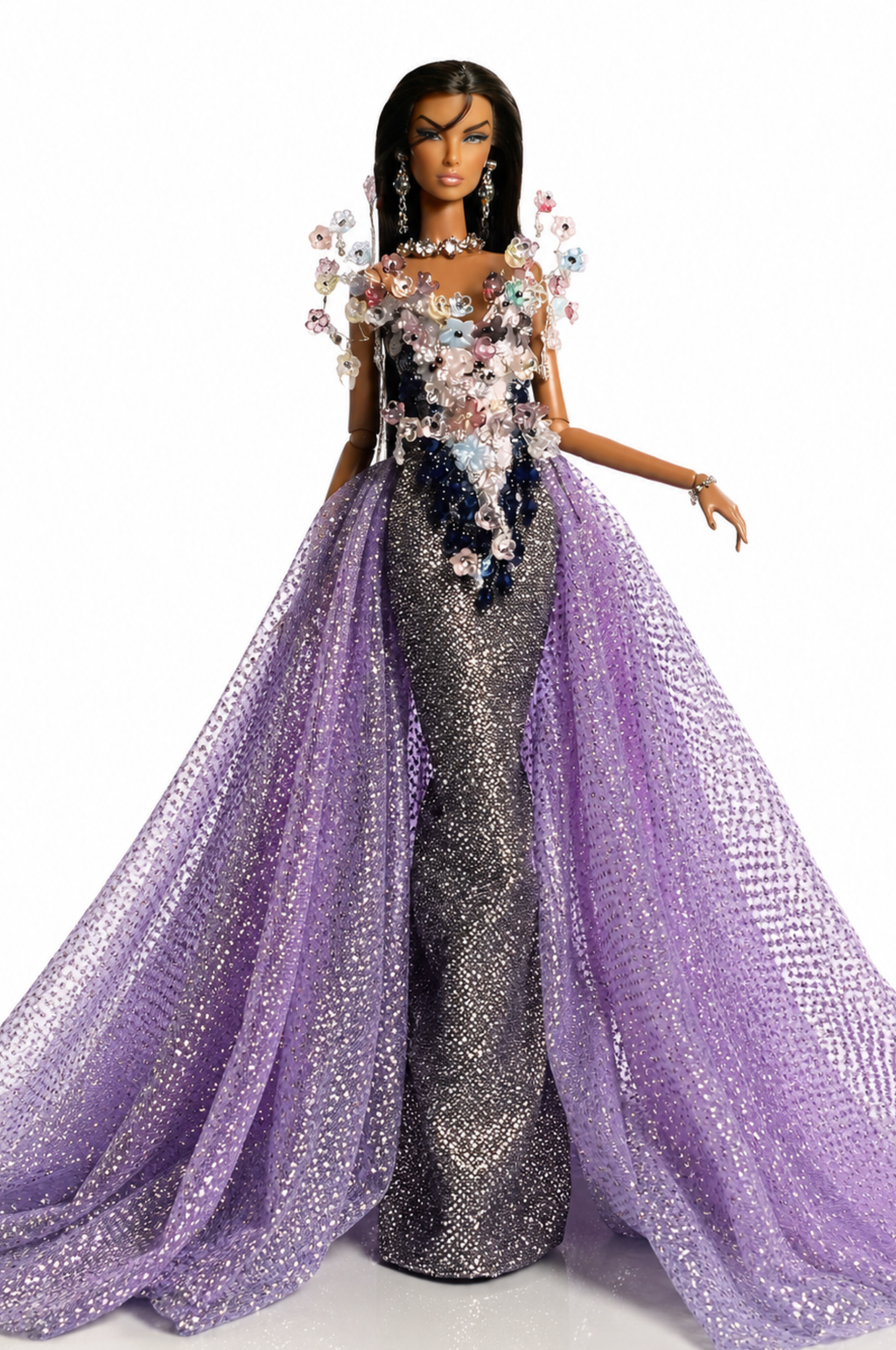 OOAK  | OOAK Fashion Doll Evening Gown - Handmade Couture Purple Glitter Mermaid Dress with Crystal Floral Overlay for Fashion Royalty Doll | Plastiktiara