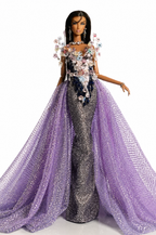 OOAK  | OOAK Fashion Doll Evening Gown - Handmade Couture Purple Glitter Mermaid Dress with Crystal Floral Overlay for Fashion Royalty Doll | Plastiktiara