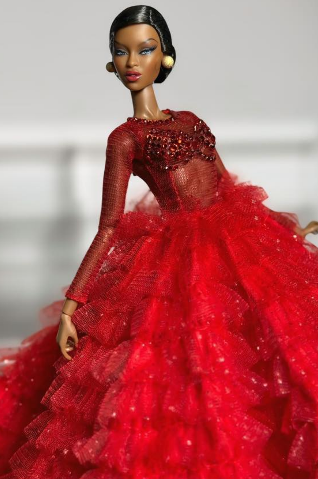 HAUTE | Red Couture Ruffle Ball Gown for Fashion Royalty Doll – Glitter Tulle Evening Dress for 1/6 Scale doll & Integrity Toys Dolls