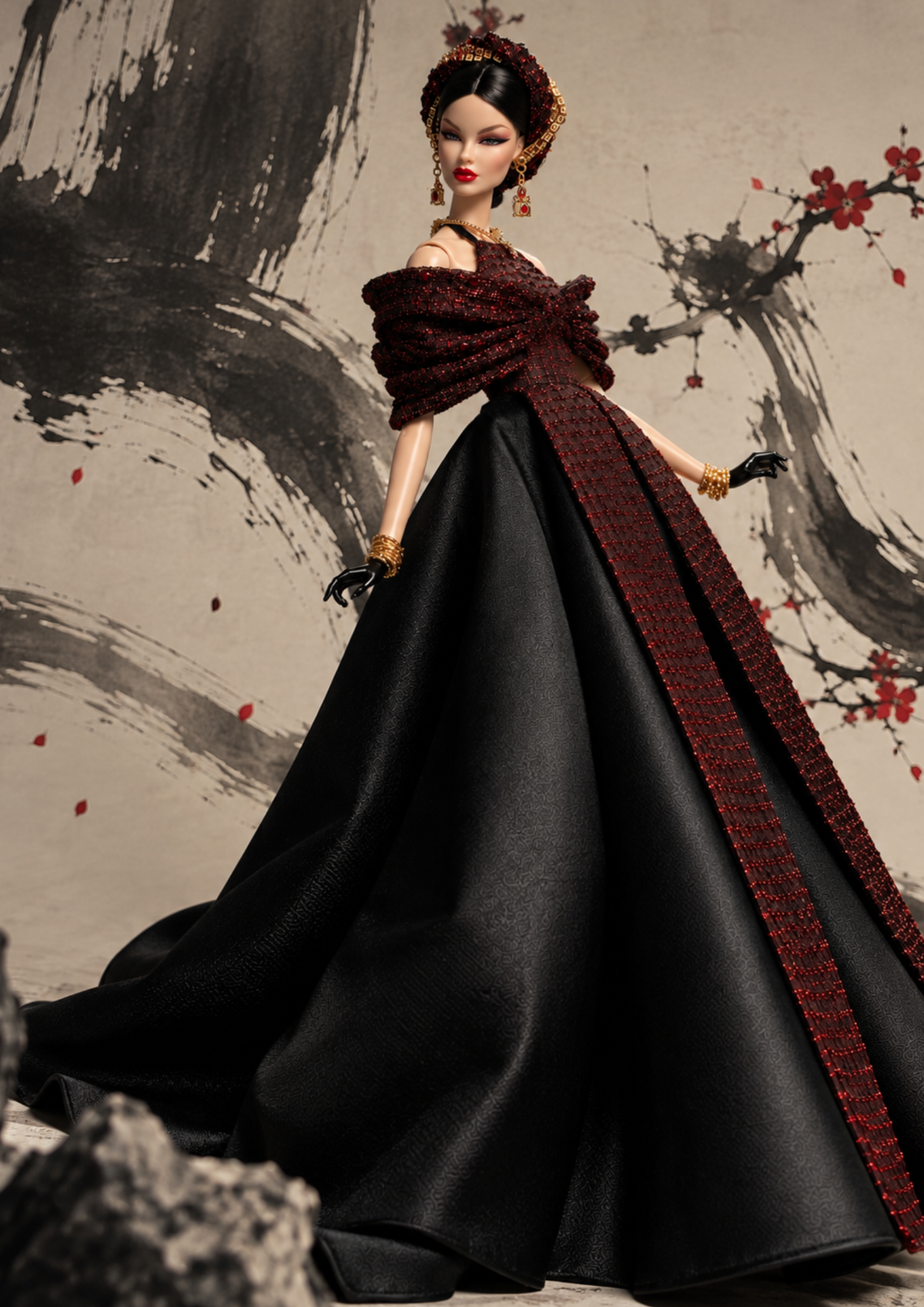 MOTHERSHIP  INK BLOSSOM | 1/6 Scale Couture Fashion Royalty Doll Gown |Plastiktiara