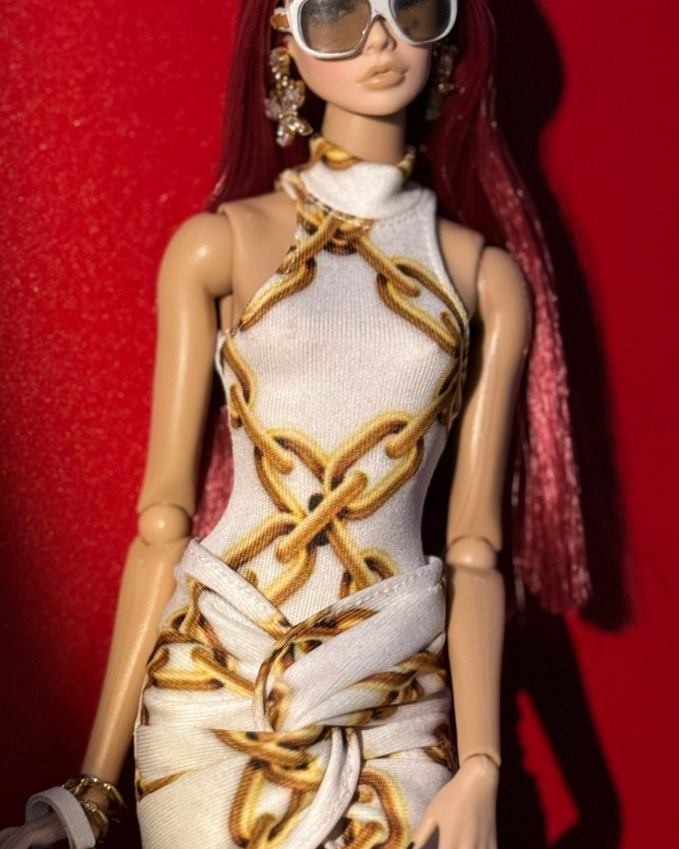 A Fashion Royalty 6.0 doll clothes - Chain graphic print halter neck top with twisted skirt