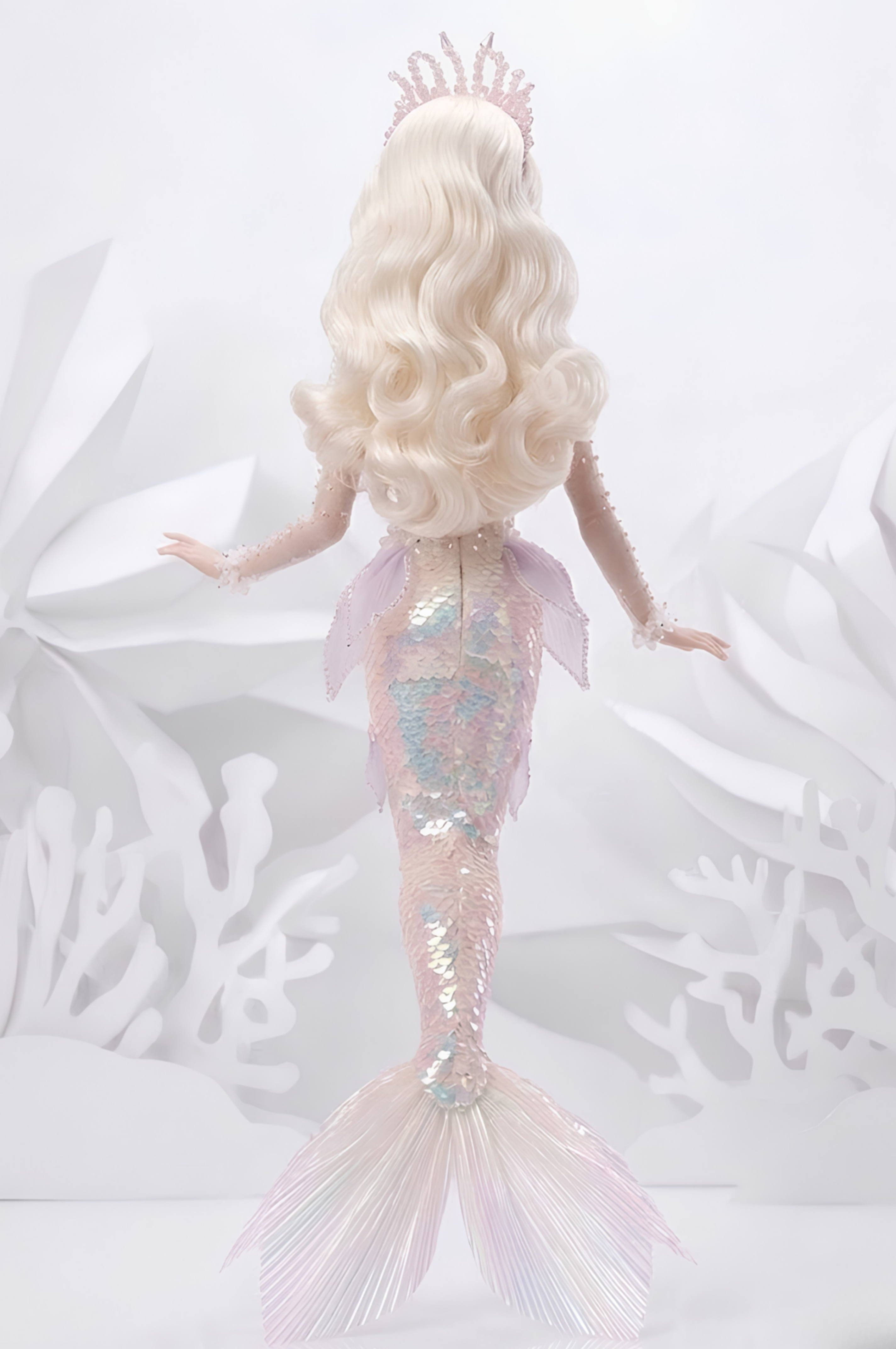 FAIRYTALES | Iridescent Pearl Mermaid Gown for Fashion Royalty Doll 12” – Fantasy Couture Doll Clothes with Beaded Details & Detachable Crown