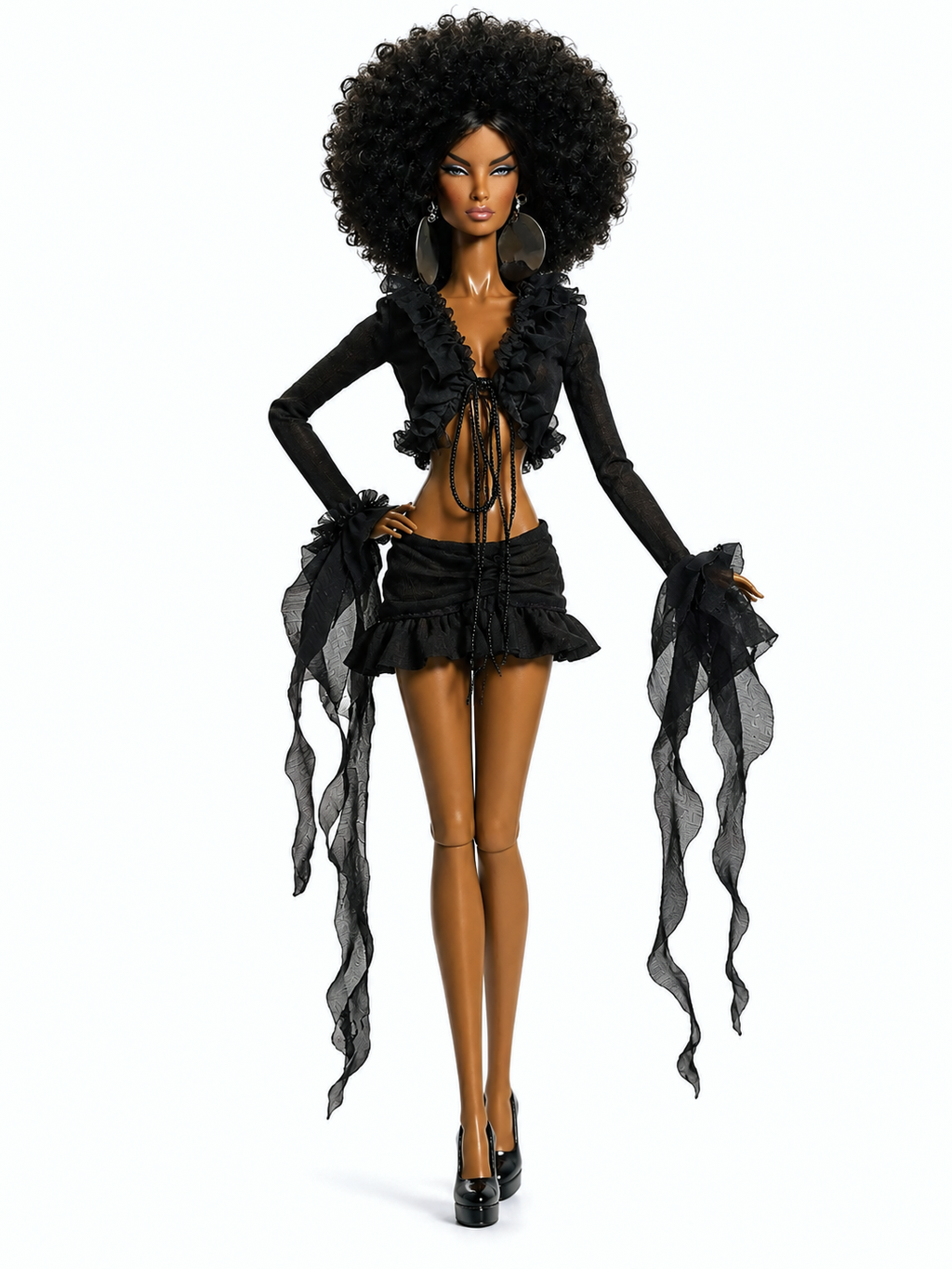 BASIC | Black Ruffle Tie Front Crop Top & Ruched Mini Skirt Set for 1/6 Scale Fashion Dolls | Handmade Couture | Plastiktiara