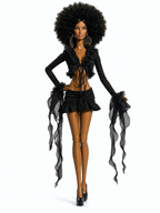 BASIC | Black Ruffle Tie Front Crop Top & Ruched Mini Skirt Set for 1/6 Scale Fashion Dolls | Handmade Couture | Plastiktiara