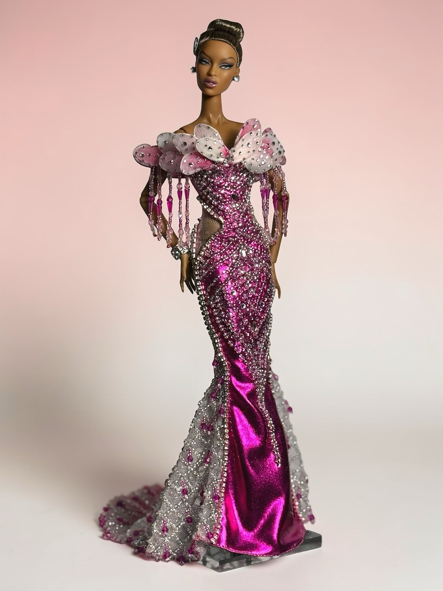 HAUTE | A Bright Day Opulence Gown – Multi Pink Beaded Mermaid Dress for 1/6 Scale Dolls | OOAK Couture |